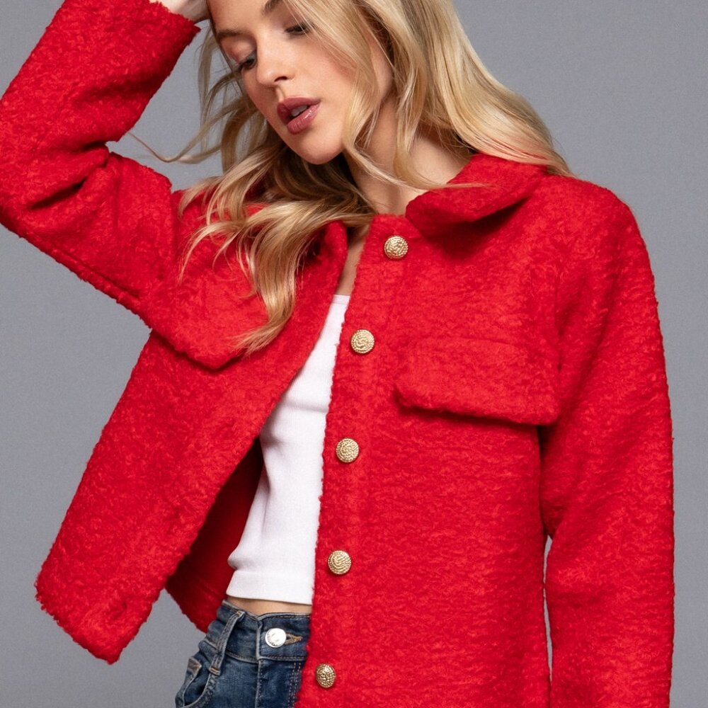 Long Sleeve Teddy Fleece Cropped Jacket- Red